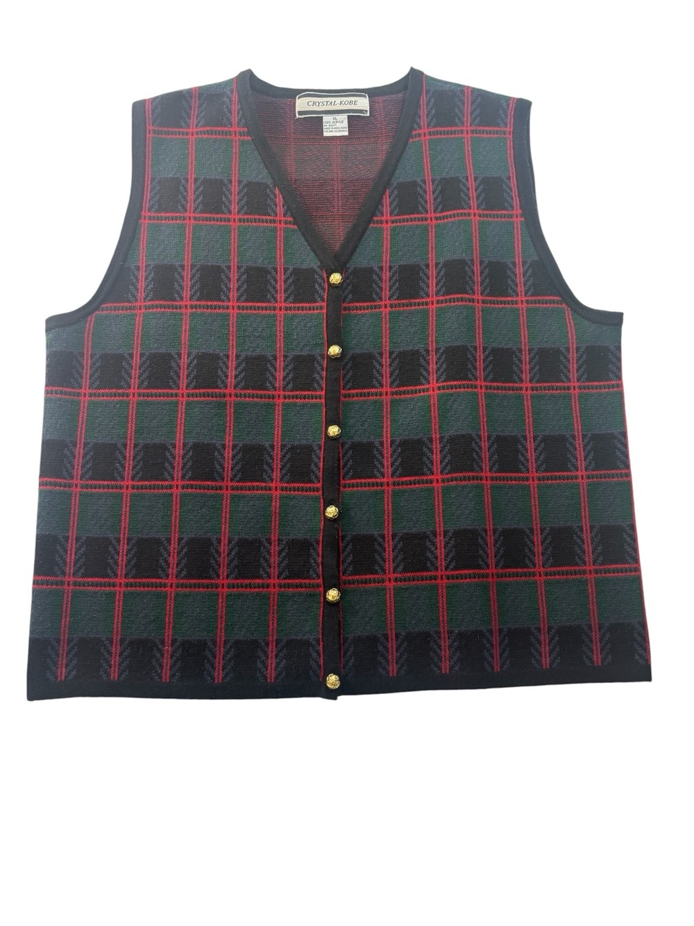 Crystal Kobe VTG Tartan Black Plaid Sweater Vest Womens XL Clueless Academia 90s